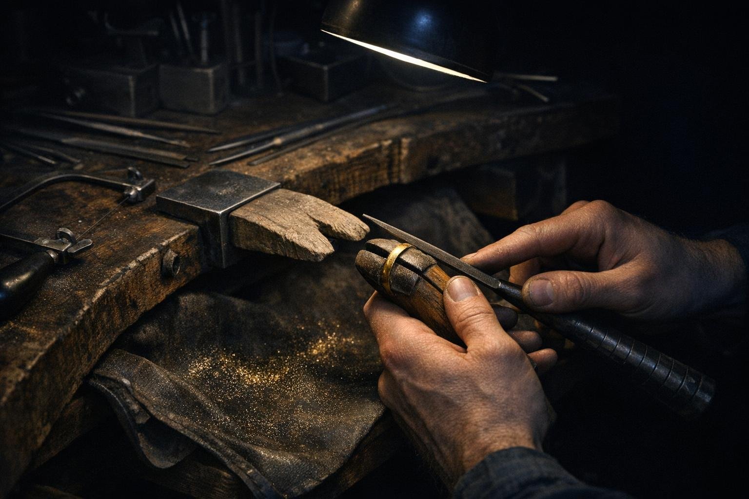 A goldsmith filing a gold ring shank at the bench