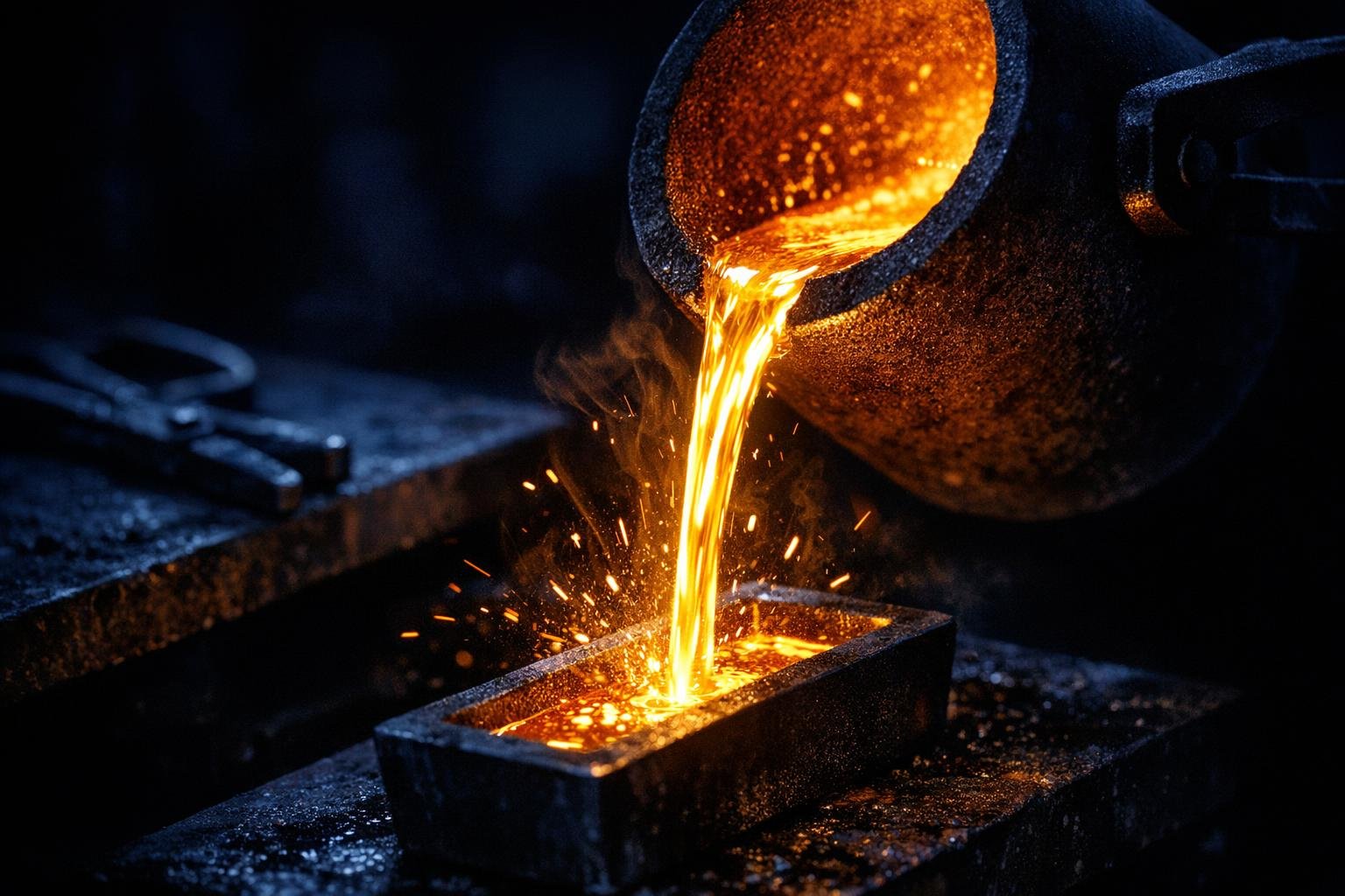 Molten gold poured from a crucible into an ingot mould
