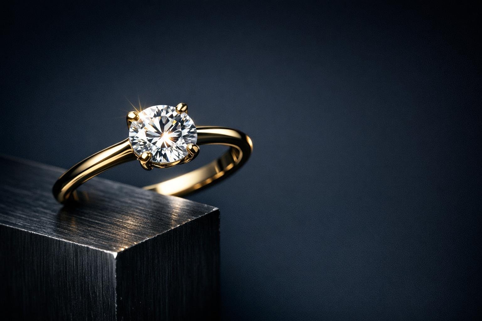 An 18ct yellow gold solitaire ring with a round brilliant diamond, resting on dark steel